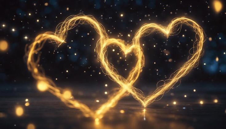 two hearts made out of sparkles on a dark background with lights in the shape of heart