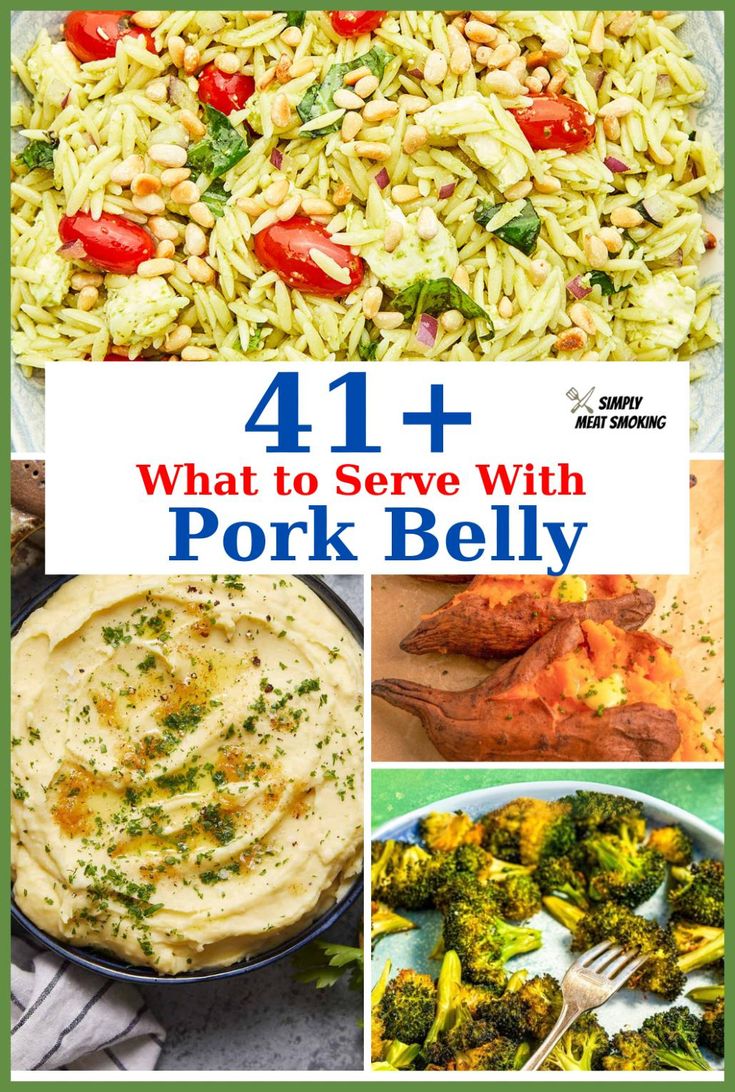 four pictures with different food items and the words 4 + what to serve with pork belly