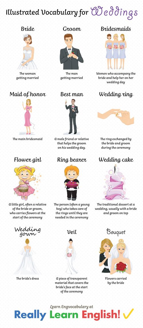 an illustrated wedding info sheet with different types of brides and grooms on it