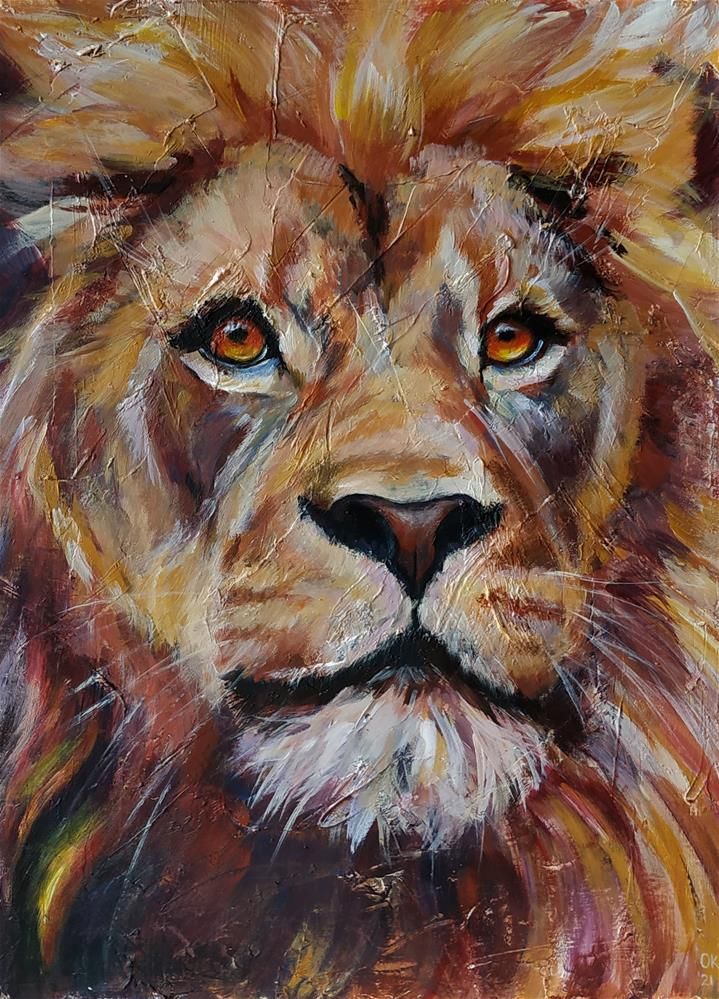 a painting of a lion's face with orange eyes and brown fur on it