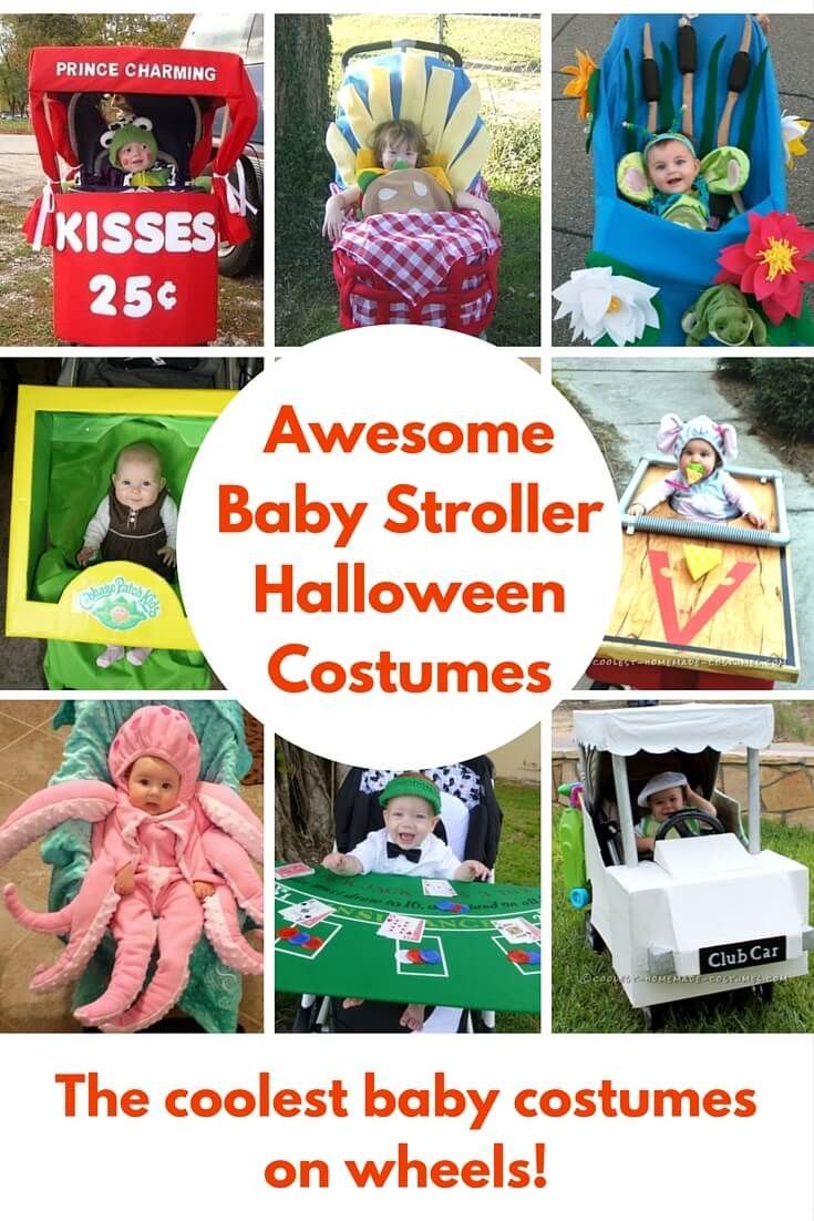 some baby stroller halloween costumes are featured in this collage with the words awesome baby stroller halloween costumes on wheels