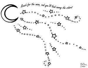 a black and white drawing of stars flying in the sky with a crescent above it