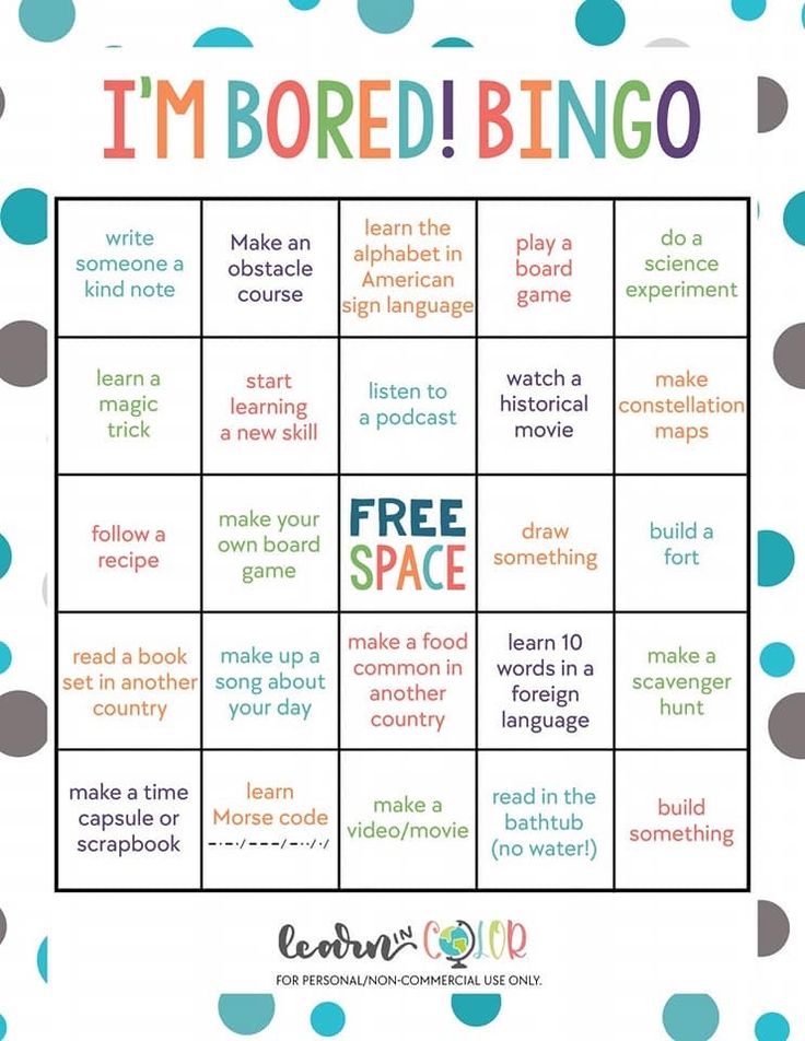 a free printable i'm bored bingo game