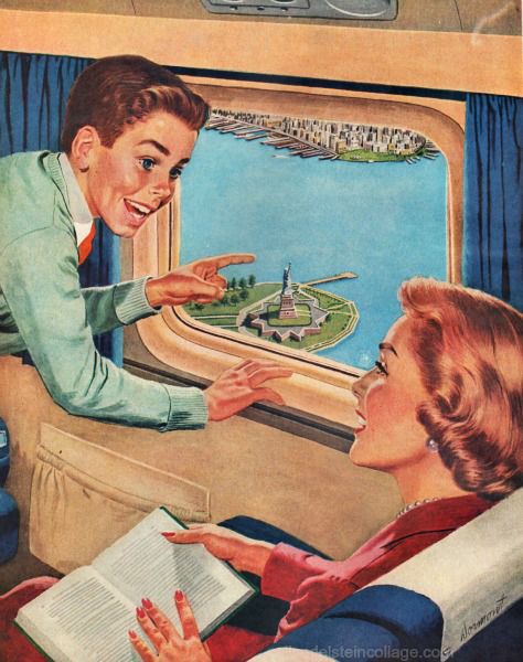 an old magazine cover shows a boy and girl talking to each other on the train