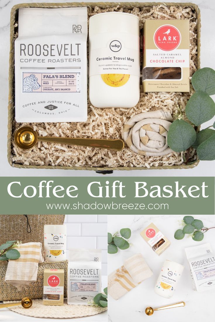 the coffee gift basket is filled with coffee, tea and other items to make it look like