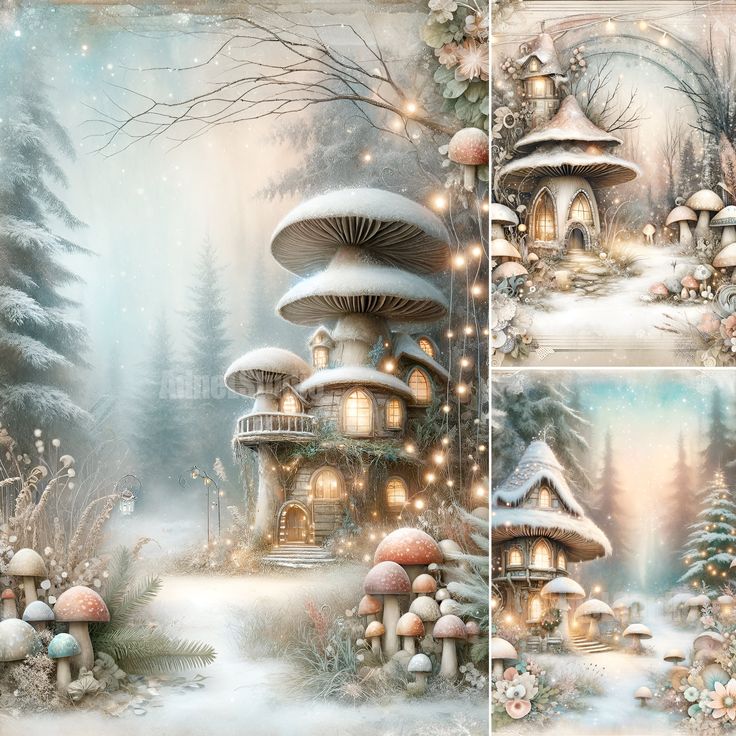 a snow covered forest scene with mushrooms and houses