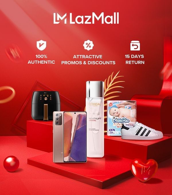 an advertisement for l'eaz mall with products displayed on red background and text