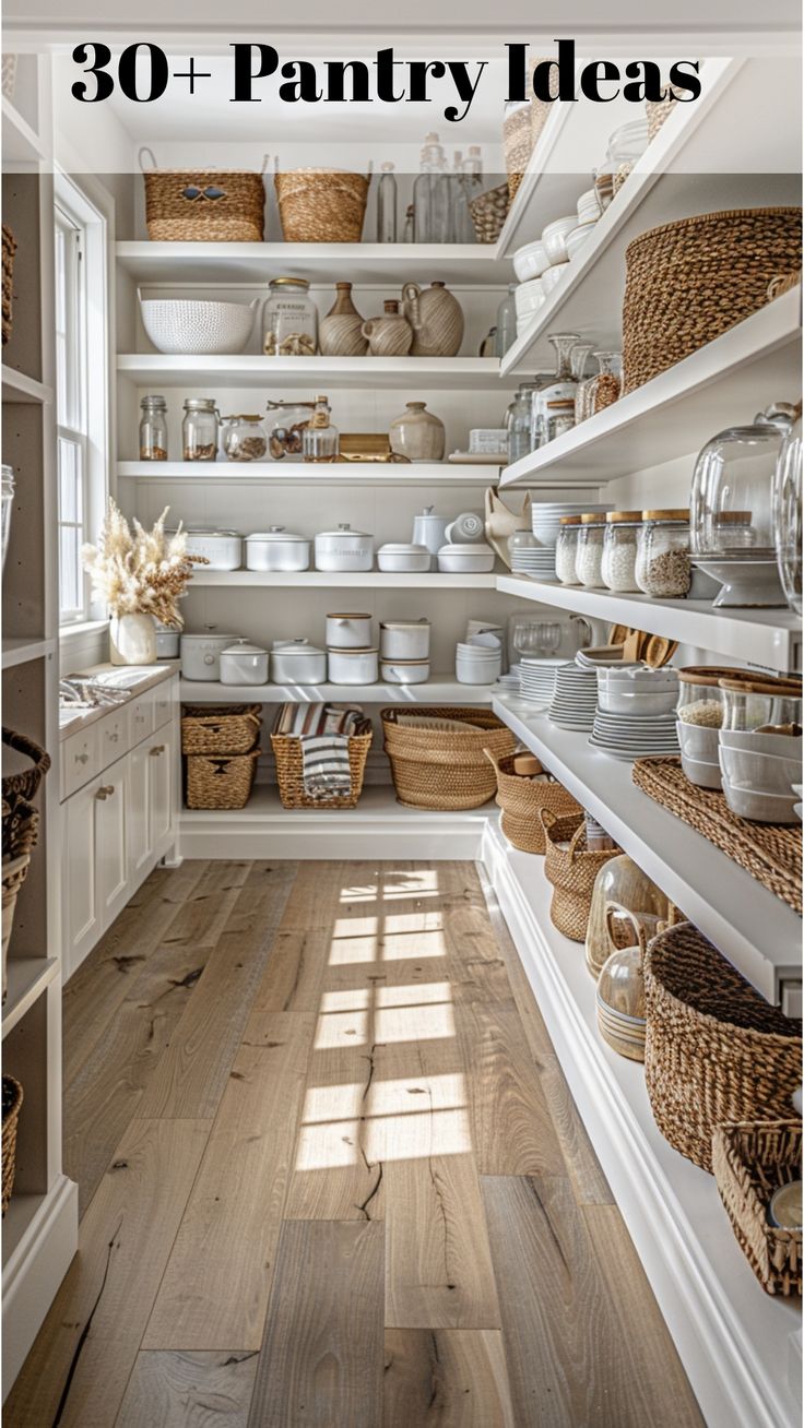 Spacious walk-in pantry with rows of shelving and ample natural light, perfect for large kitchens and organized storage. Diy Pantry In Closet, White Pantry Shelves, Real Life Pantry Organization, How To Design A Pantry, Pantry With Beadboard, How To Organize Walk In Pantry, Walk In Pantry Decor, Walk In Pantry Must Haves, Larder Cupboard Ideas Walk In