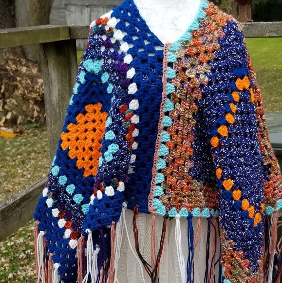 Found Things Art Jackets & Coats | Artisan Poncho Boho Custom Made Crochet Shawl - Poshmark Granny Square Poncho, Boho Poncho, Crochet Poncho, Handmade Boho, Crochet Shawl, Sweater Weather, Crochet Scarf, Granny Square, Custom Made