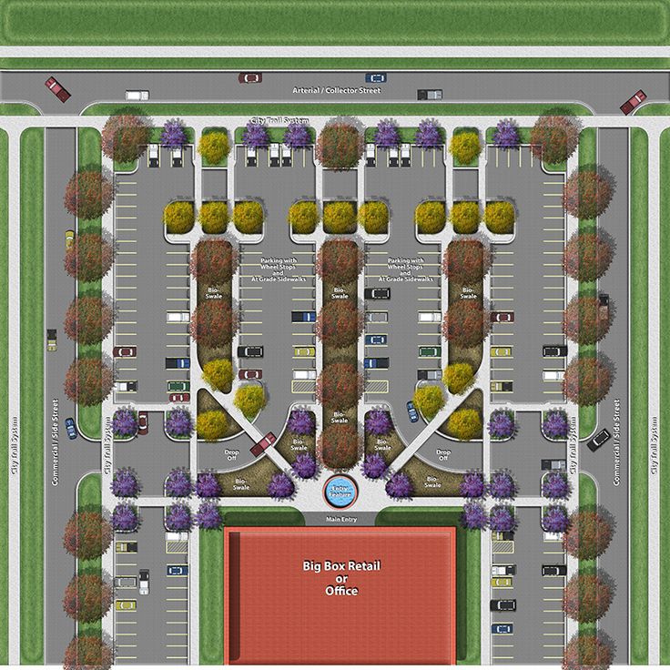 an aerial view of a parking lot with lots of trees