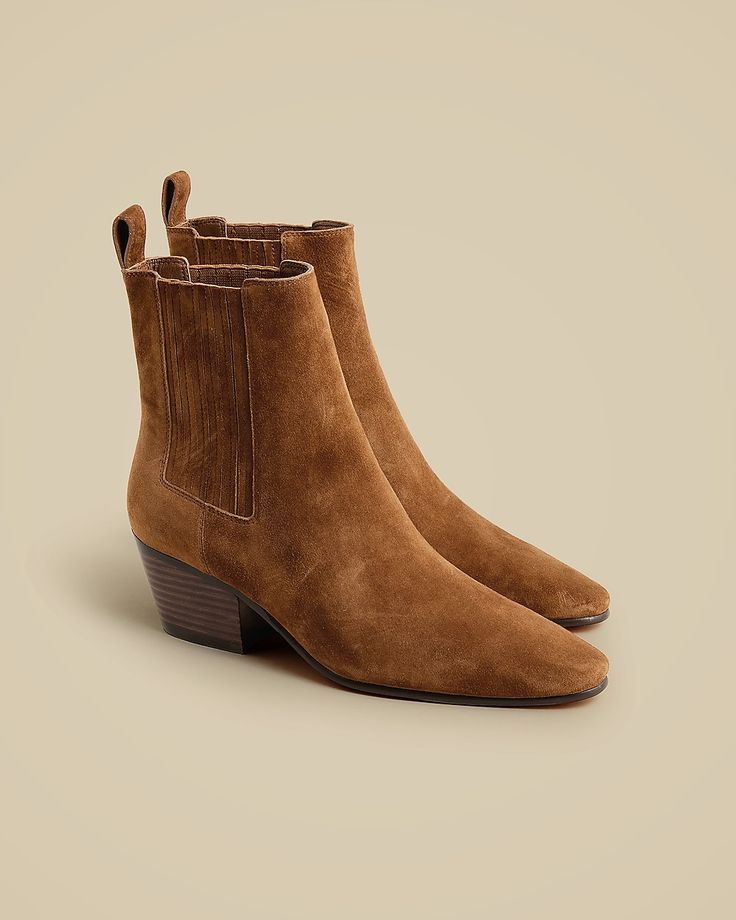 Piper ankle boots in suede Camel Ankle Boots Outfit, Camel Ankle Boots, J Crew Boots, Womens Suede Boots, Suede Chelsea Boots, Brown Booties, Pull On Boots, Leather Outfit, Style Tips