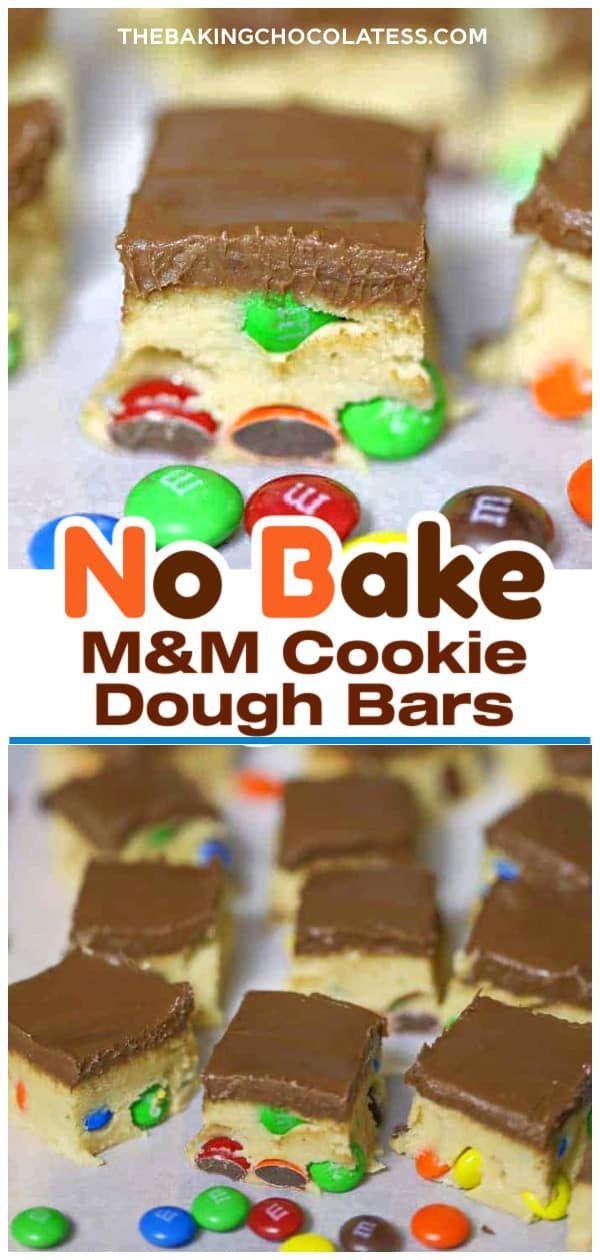 no bake m & m cookie dough bars with chocolate frosting and candy on top