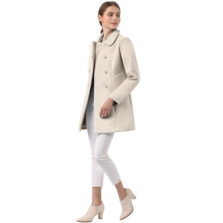 Timeless, sophisticated, and versatile, the regular-fit peacoat is an essential piece for your wardrobe. Cut in a short tailored silhouette with a doll collar, slanted pockets, and double-breasted front black buttons. Wear over chunky knitted jumpers and cute boots for a playful take on cold-weather textures. The fabric of this trench coat is soft, breathable, and comfortable to wear in winter, good quality, and chic. This fashionable and trendy clothes for women can not only be worn daily, but Chic Pea Coat With Concealed Placket For Work, Structured Double-breasted Wool Coat, Beige Fitted Wool Coat With Concealed Placket, Fitted Double-breasted Wool Coat For Spring, Fitted Beige Wool Coat With Concealed Placket, Chic Fitted Double-breasted Pea Coat, Elegant Cream Pea Coat For Office, Spring Fitted Pea Coat With Notch Lapel, Fitted Pea Coat For Office