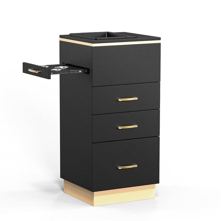 a black and gold filing cabinet with three drawers on each side, one drawer open