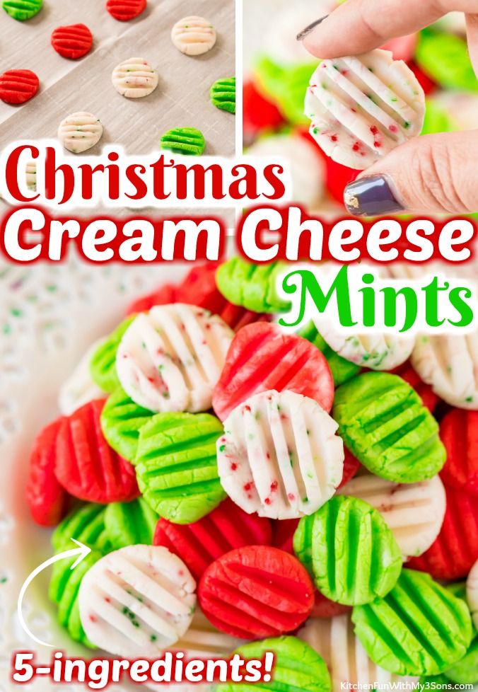 christmas cream cheese mints recipe on a white plate with green and red cookies in the background