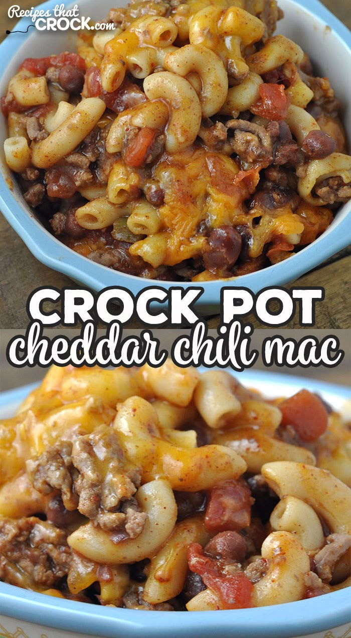 crock pot cheddar chili macaroni and cheese in a blue bowl