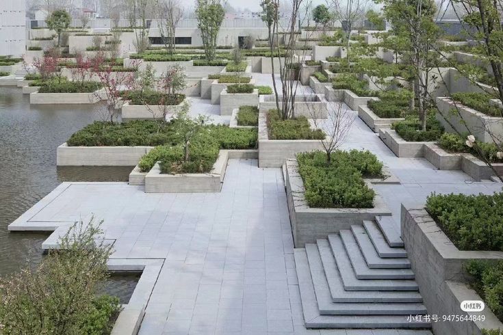 an outdoor garden with steps leading up to the water and plants growing on it's sides