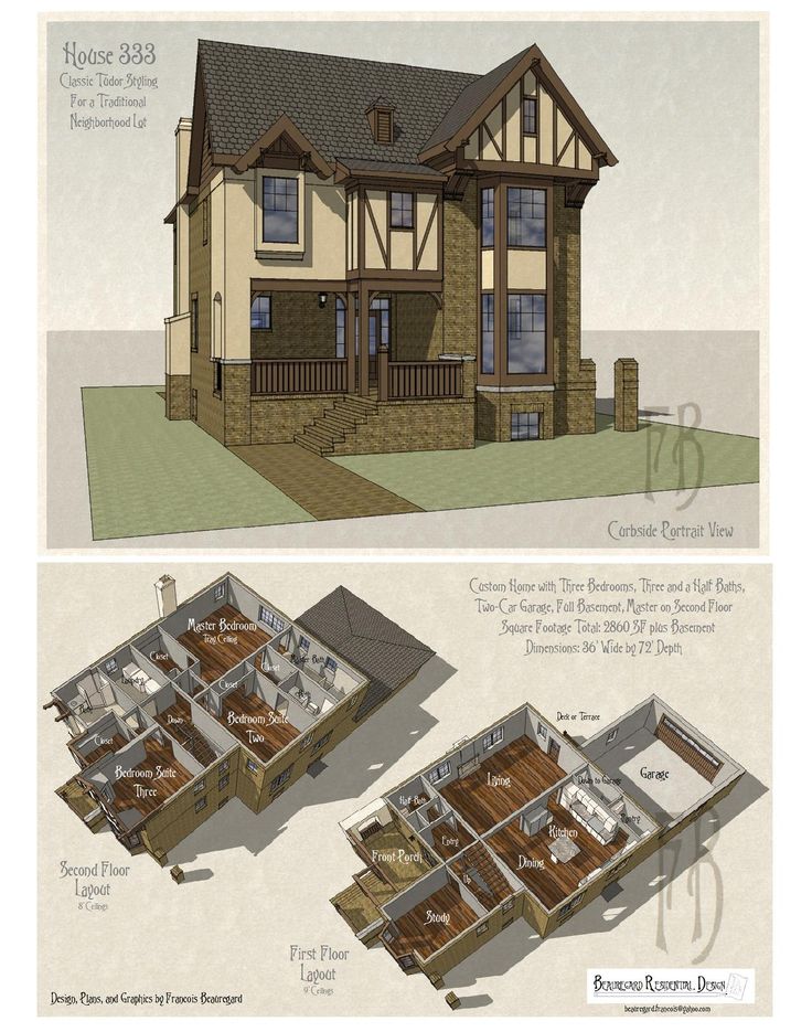 two story house plans with floor plans and elevation views for the front and back of the house