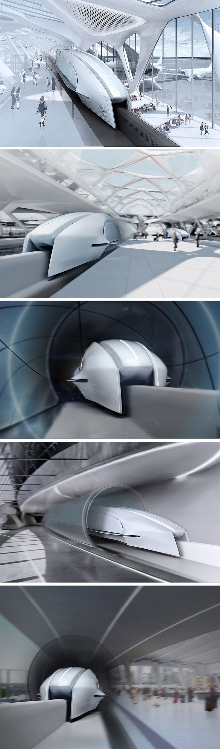 three different views of a futuristic train station