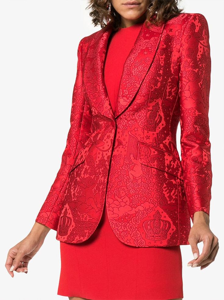 Simple and elegant, this sublime Dolce & Gabbana Cherub Jacquard Blazer is a stylish way to make statement. It features shawl collar single-breasted button fastening for smart finish. The sleeves are long with buttoned cuffs two front flap pockets add practical touch design. will ensure that you're looking your most from morning 'til night. Designer Fitted Blazer With Shawl Collar, Jacquard Blazer With Notch Lapel For Work, Elegant Red Silk Outerwear, Fitted Jacquard Blazer For Semi-formal Occasions, Elegant Jacquard Blazer For Fall, Fitted Brocade Formal Outerwear, Elegant Fitted Jacquard Blazer, Formal Fitted Brocade Outerwear, Luxury Jacquard Blazer For Evening