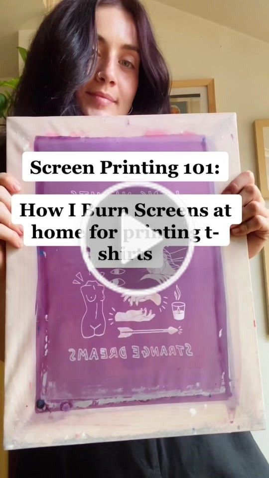 a woman holding up a purple screen print with the words screen printing 101 how i turn screen