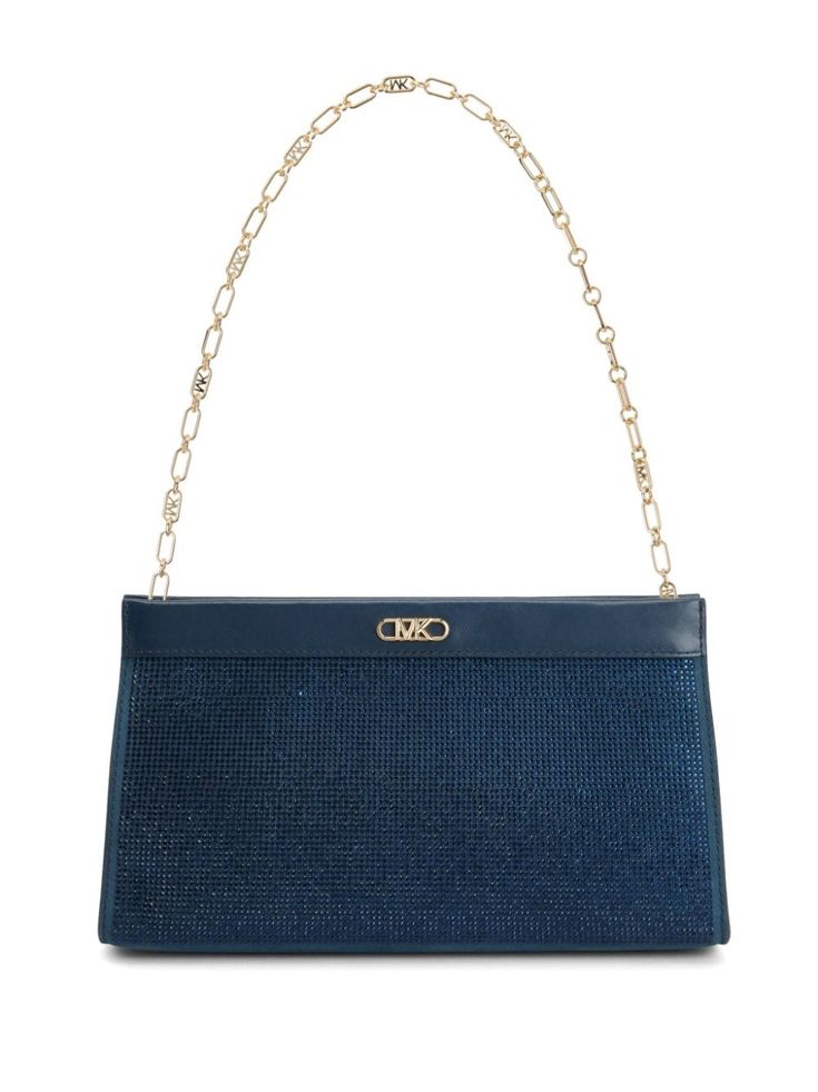 steel blue leather rhinestone embellishment logo plaque gold-tone hardware detachable chain-link top handle magnetic fastening main compartment logo-jacquard lining Rectangular Bags With Gold-tone Hardware For Gala, Rectangular Gala Bags With Gold-tone Hardware, Rectangular Gala Bag With Gold-tone Hardware, Luxury Bags With Chain Strap For Gala, Chic Bags With Chain Strap For Gala, Chic Gala Bags With Chain Strap, Chic Gala Bag With Chain Strap, Chic Clutch With Branded Hardware For Formal Events, Formal Rectangular Clutch With Branded Hardware