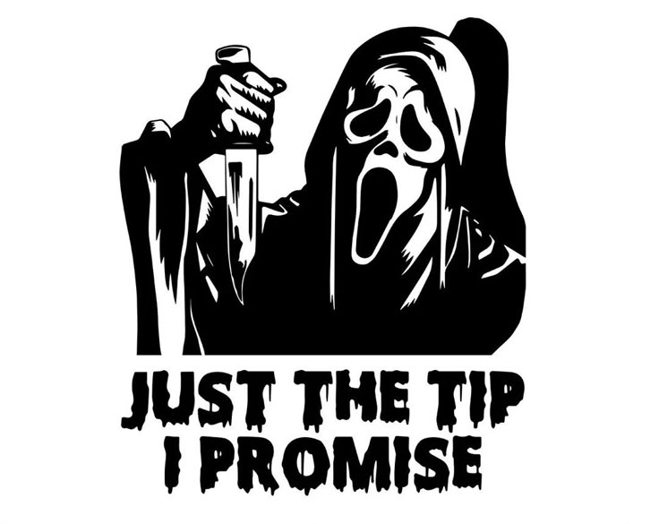 a black and white image of a person holding a knife with the words just the tip i