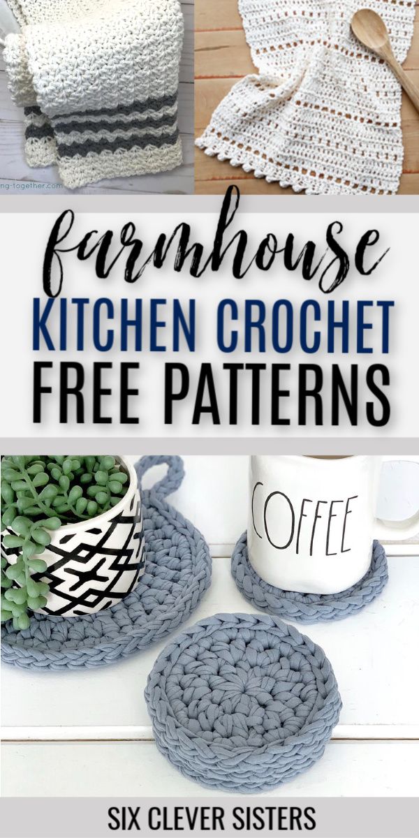 the farmhouse kitchen crochet free pattern is shown with coffee cups and saucers