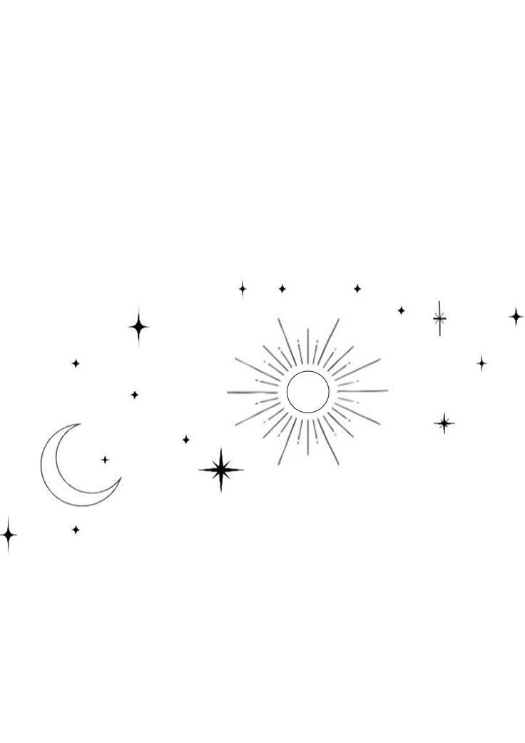 a black and white drawing of the sun, moon and stars on a white background