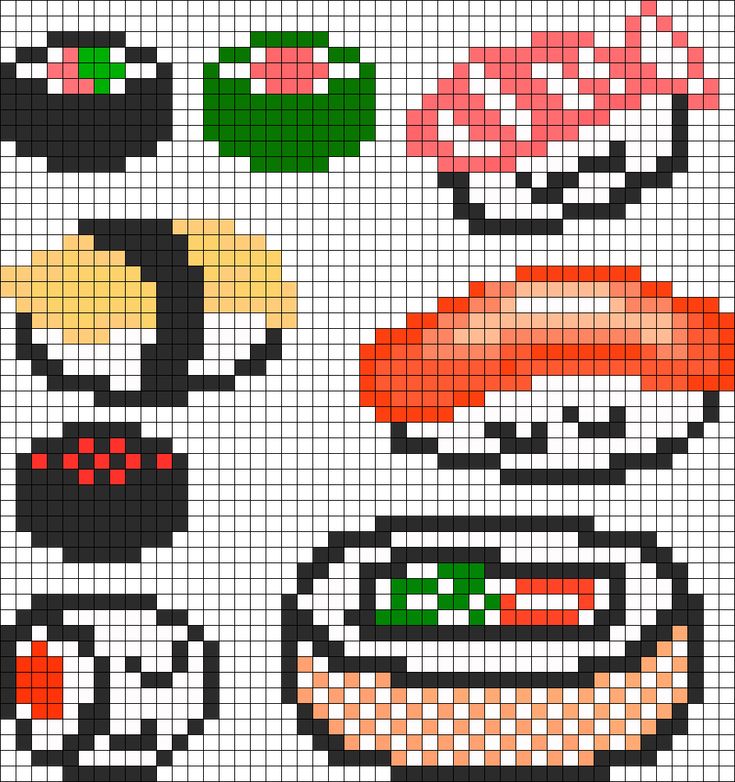 a cross stitch pattern with sushi and other food items in the middle, on white background