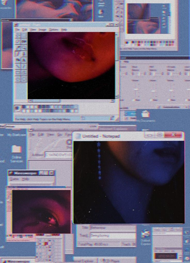 multiple images of woman's face in blue and pink colors, with the same image being viewed from different angles