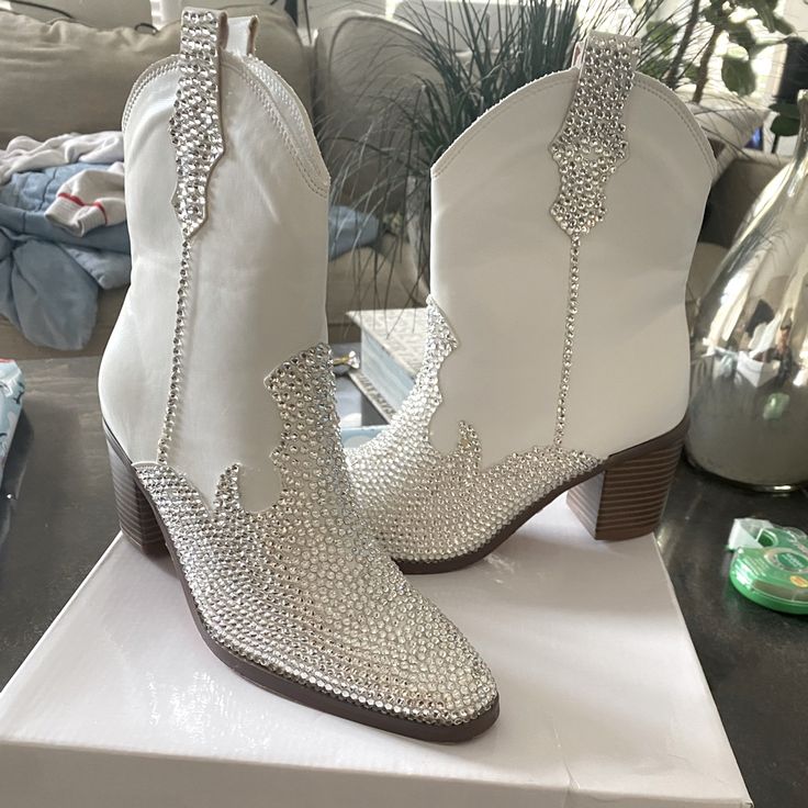 Brand New Never Worn, Custom Bedazzled White Cowgirl Booties. Size 38 Bedazzled Boots Diy, Bedazzled Cowgirl Boots, White Closed Toe Party Boots, White Closed-toe Party Boots, White Leather Boots With Rhinestones, White Embellished Boots With Round Toe, White Embellished Boots With Pointed Toe, White Almond Toe Boots For Party, Glamorous White Embellished Boots