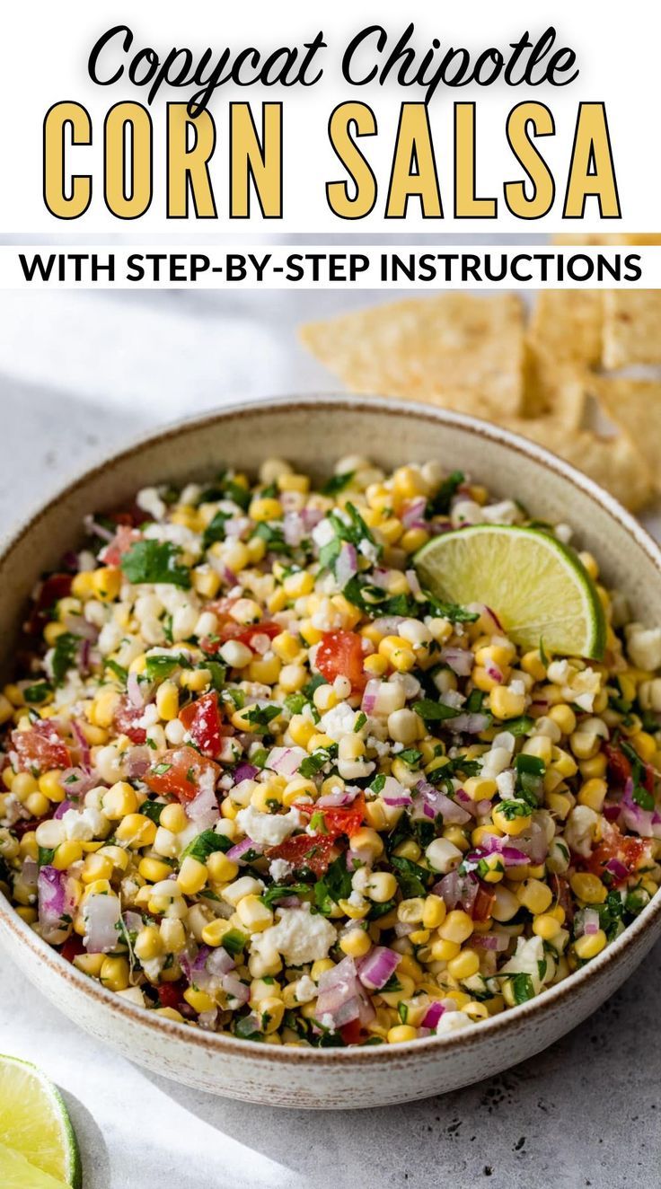 corn salsa in a bowl with tortilla chips and cilantro on the side