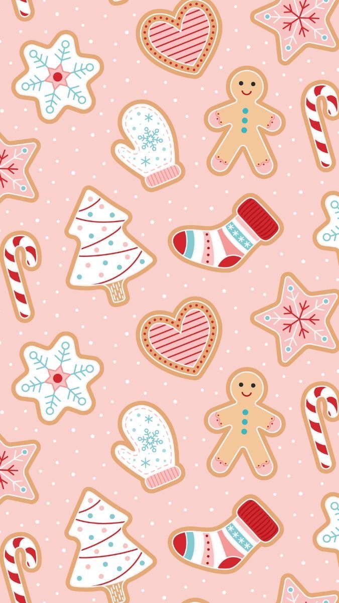 gingerbread cookies and candy canes are on a pink background with snowflakes