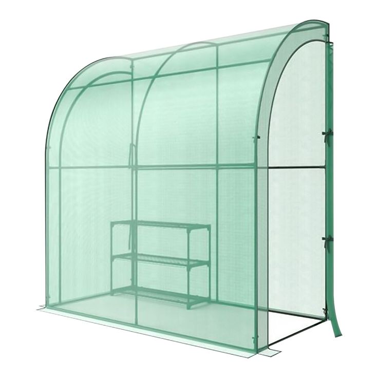 a green greenhouse with the door open and shelves below it, in front of a white background