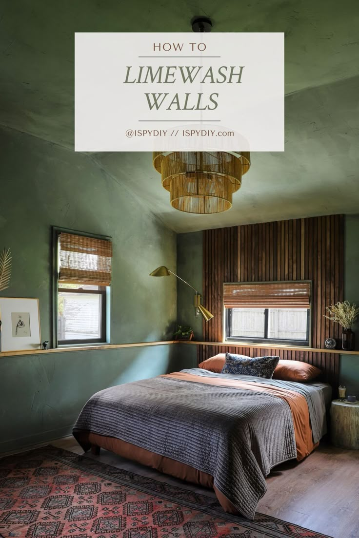 a bedroom with green walls and wooden flooring is featured in the article how to limewash walls