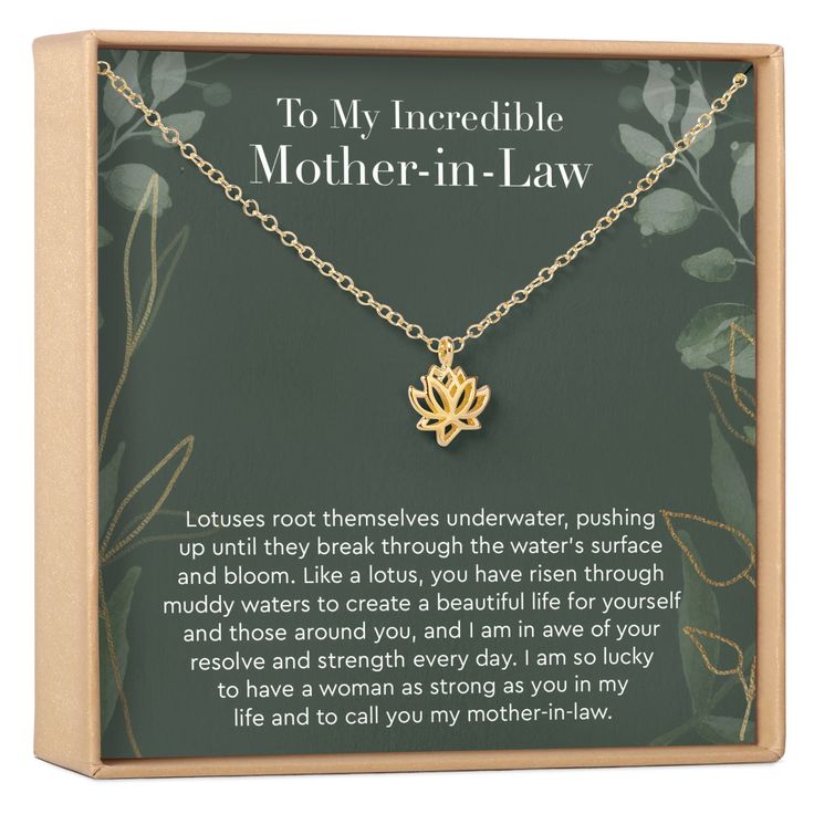 GET 50% OFF NOW! No code needed. Mother-in-law isn't the most popular title but the truth is, they can be as wonderfully loving and supportive as our mothers. Return the love and support with this symbolic lotus necklace. JEWELRY DETAILS MATERIAL: Gold Plated / Silver Plated / Rose Gold Plated PENDANT SIZE: 10 x 10 mm CHAIN LENGTH: 18” chain + 2” chain extender CLASP STYLE: Lobster Claw Clasp CRAFTED WITH LOVE I N C L U D E S Gold foil stamped jewelry box Blank card to write a personal note (unl Mother In Law Quotes, Best Gifts For Gardeners, Keepsake Necklace, Gifts For Gardeners, Dear Ava, Mother Daughter Jewelry, Gift For Gardener, Lotus Necklace, Jewelry Details