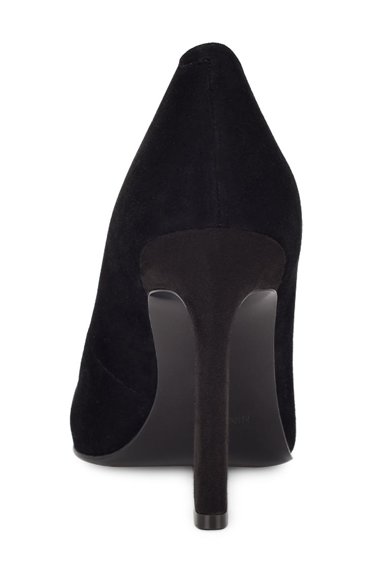 A pointy toe and striking sculpted heel balance a chic but timeless pump that will polish off any look. 3 3/4" heel Synthetic and textile upper/synthetic lining and sole Imported Black Closed Toe Heels With 4-inch Heel, 4-inch Heel Closed Toe Pumps Medium Width, Black Slingback Pumps With Pointed Toe, Medium Width, Black Pointed Toe Heels With 4-inch Heel, Black Pointed Toe Booties With 4-inch Heel, Nine West, Women's Pumps, Black Suede, Size 6