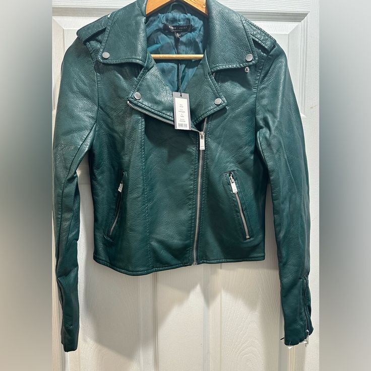 Hunter Green Faux Leather Bomber Jacket. Perfect For Transition To Fall! Fitted Green Outerwear For Fall, Green Long Sleeve Biker Jacket For Spring, Fitted Green Biker Jacket For Spring, Black Moto Jacket, Couture Jackets, Satin Jackets, Striped Jacket, Bomber Jackets, Embroidered Jacket