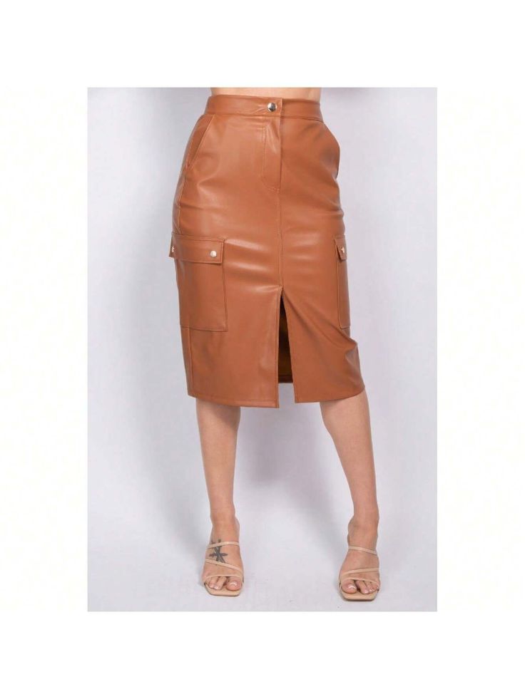 Make a bold statement with our Faux Leather High-Rise Cargo Skirt, a chic addition to the trendy minimalism movement. Its high-rise waist and zip-fly button closure provide a smooth and flattering fit, while side pockets offer practicality without sacrificing style. The front slit adds a touch of allure to the midi-length design, creating a versatile piece that's both edgy and elegant.

Key Features:
- Fabric: Crafted from 60% Rayon and 40% Polyester for a luxurious feel and durability.
- Fit: D Trendy Fall Skirt With Pockets, Fall Mini Skirt With Pockets For Night Out, Chic High Waist Mini Skirt With Button Zip Fly, Trendy High-waisted Mini Skirt For Office, Trendy High Waist Mini Skirt For Office, Trendy Knee-length Office Bottoms, Chic Office Skirt With Zipper Closure, Chic Workwear Pencil Skirt With Zipper Closure, Chic Zipper Closure Pencil Skirt For Work