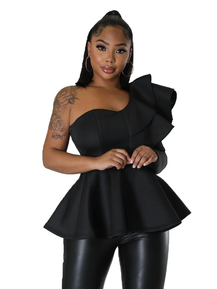 Material:30-50% Polyester. Features: Long sleeve. one shoulder. ruffle. waist. solid color. tops.Style:Casual. Solid Color Off-shoulder Top For Party, Solid Off-shoulder Top For Spring Party, Solid Off-shoulder Tops For Party, Solid Off-shoulder Party Tops, Solid Off-shoulder Blouse For Party, Fall Ruffled Off-shoulder Top, Off-shoulder Blouse For Evening, Fitted Solid Color One-shoulder Top, Off-shoulder Blouse For Night Out