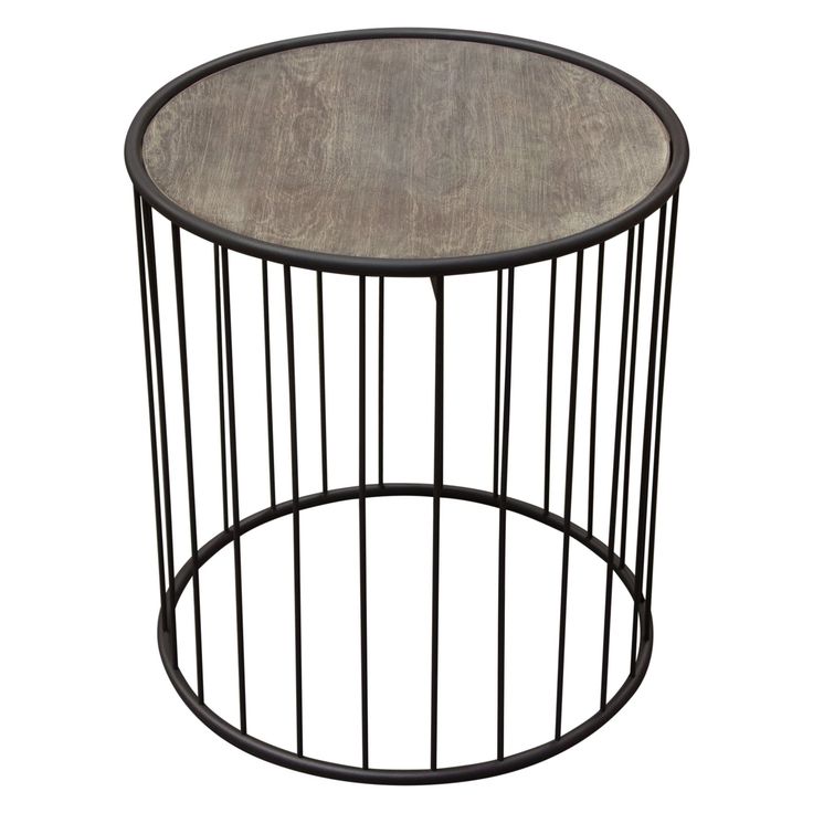 an iron and wood side table with metal bars on the top, against a white background