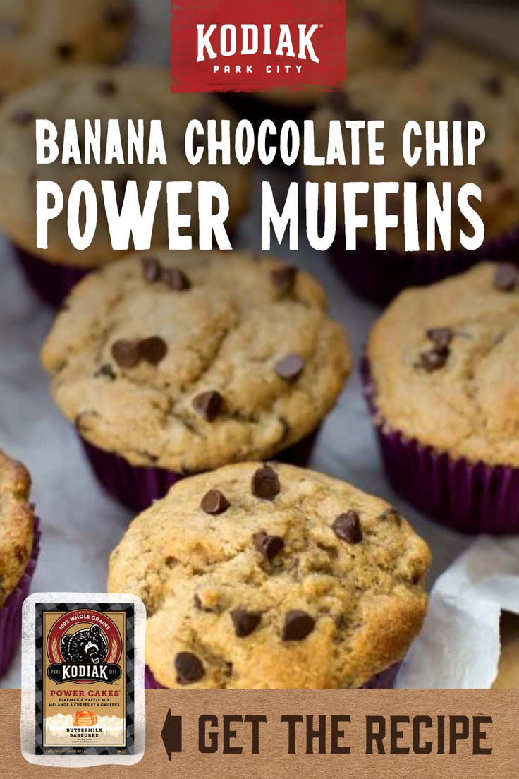 banana chocolate chip power muffins with text overlay that reads get the recipe