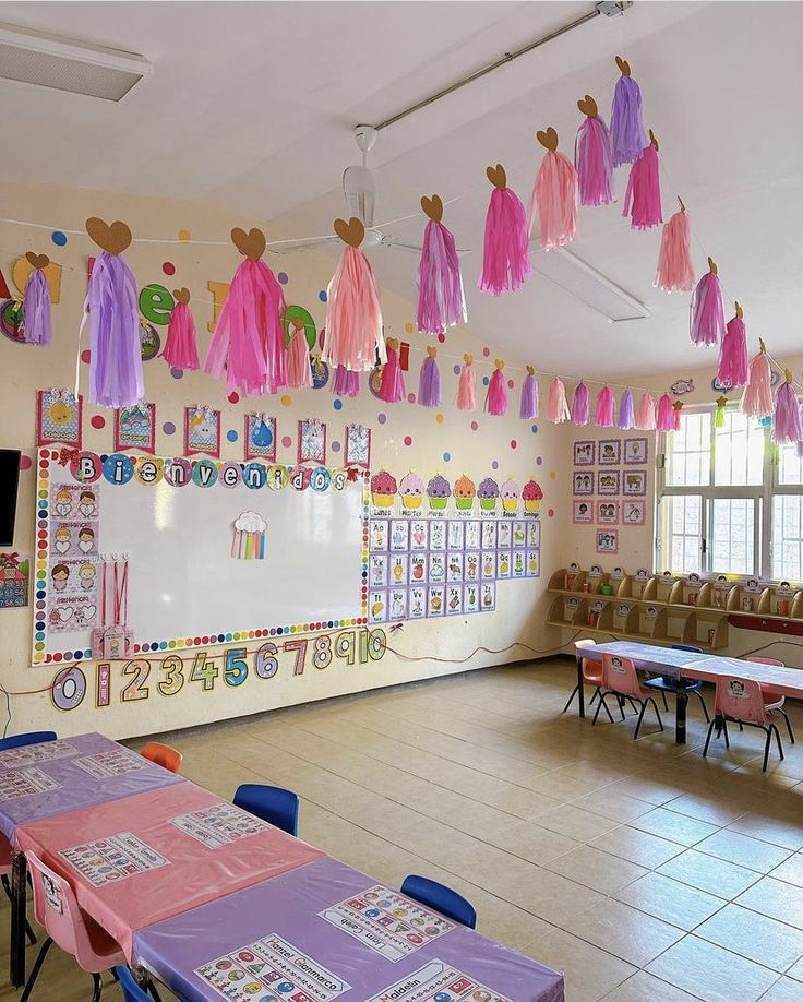 Kindergarten Classroom Environment, Pre K Classroom Ideas, Pre K Classroom Set Up, Cheap Classroom Decor, Preppy Classroom, Classroom Ceiling Decorations, Rainbow Classroom Theme, Colorful Classroom Decor, Classroom Ceiling