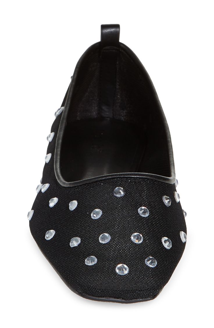 Sparkling rhinestones charm a scintillating, modern mesh flat shaped by a slightly tapered toe. Textile upper and lining/rubber sole Imported Black Flats With Rhinestones And Round Toe, Black Rhinestone-embellished Round Toe Flats, Black Rhinestone Round Toe Flats, Slip-on Synthetic Party Flats, Black Embellished Round Toe Flats, Party Slip-on Flats With Studded Rubber Outsoles, Party Slip-on Flats With Studded Outsoles, Evening Flats With Rhinestones And Round Toe, Elegant Party Flats With Studded Rubber Outsoles