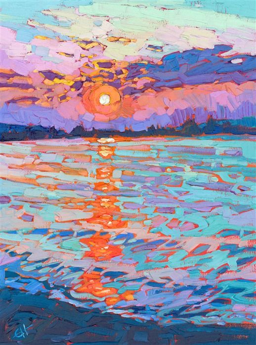 an oil painting of the sun setting over water