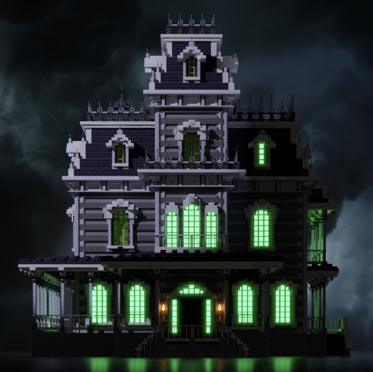 an image of a creepy house with green lights on the windows and dark clouds in the background