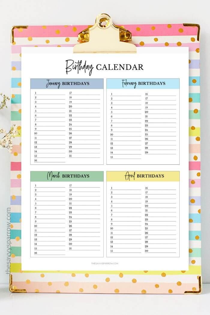 a printable birthday calendar on a clipboard with polka dots and gold trimmings