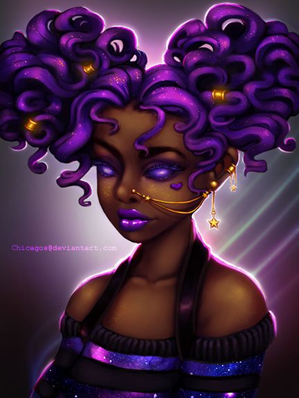 a painting of a woman with purple hair and piercings on her face, wearing gold jewelry