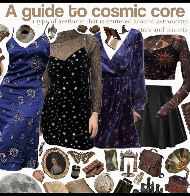 Cosmic Core Dress, Celestialcore Fashion, Jacquelinecore Aesthetic, Celestial Inspired Outfits, Cosmic Witch Aesthetic Outfit, Cosmicore Outfits, Planetarium Outfit Ideas, Moon Goth Outfits, Goth Causal Outfits